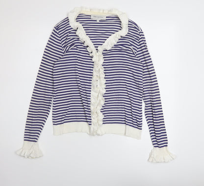 Anne Fontaine Womens Blue V-Neck Striped Cotton Cardigan Jumper Size 14