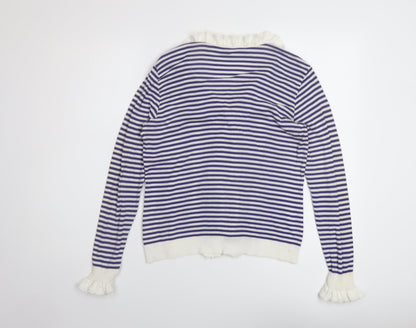 Anne Fontaine Womens Blue V-Neck Striped Cotton Cardigan Jumper Size 14