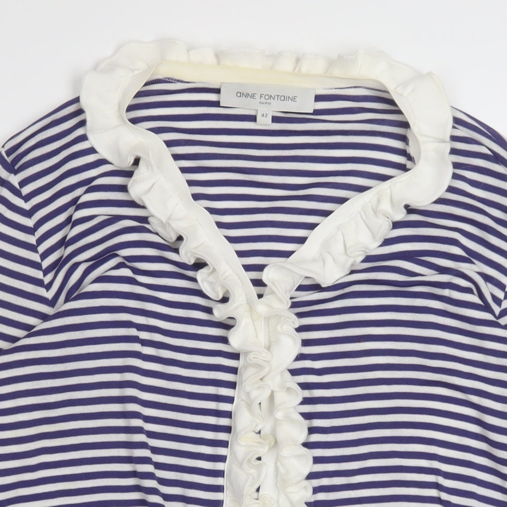 Anne Fontaine Womens Blue V-Neck Striped Cotton Cardigan Jumper Size 14