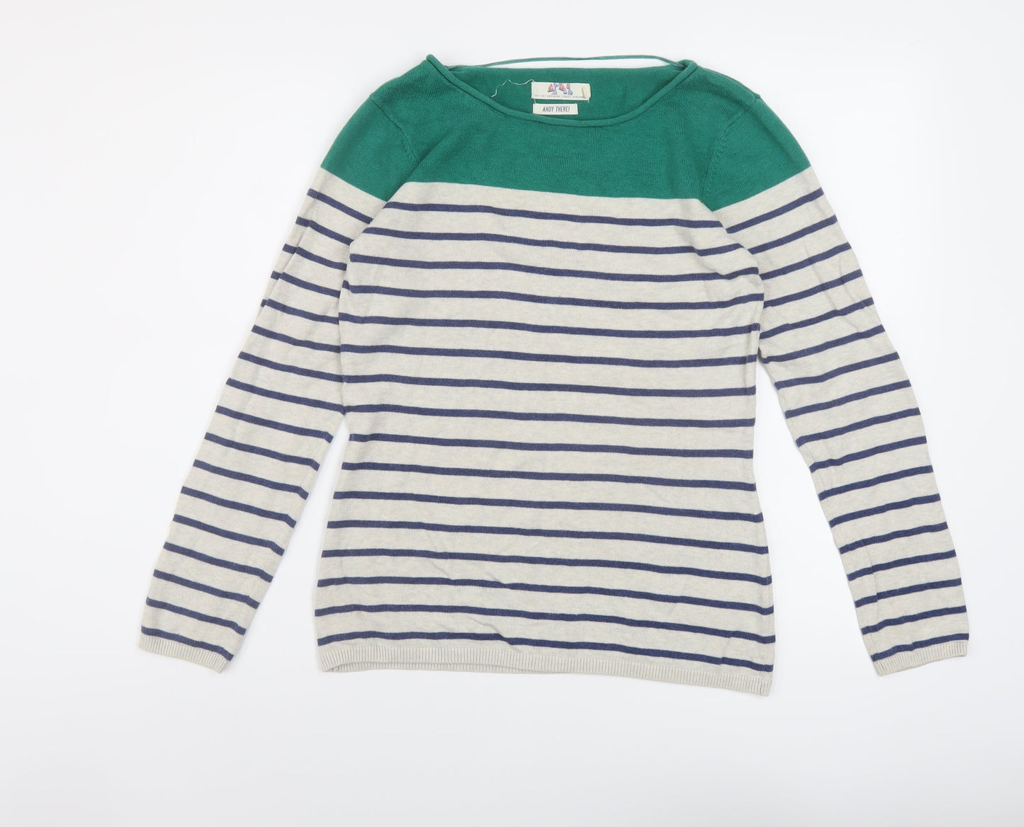 Ahoy There Womens Grey Boat Neck Striped Cotton Pullover Jumper Size 10