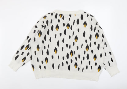 Kilibbi Womens Ivory Round Neck Animal Print Acrylic Pullover Jumper Size S