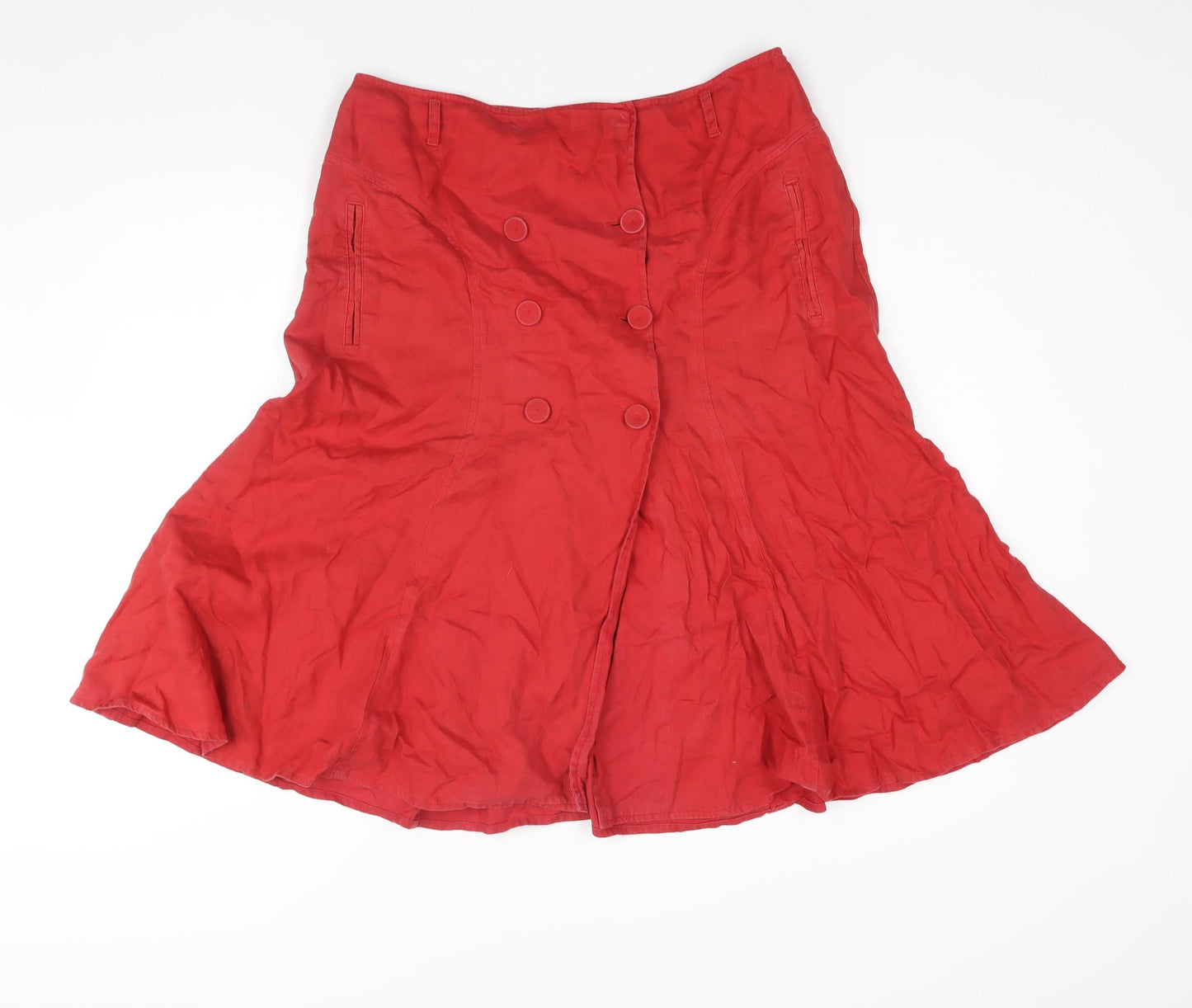 Linea Womens Red Linen A-Line Skirt Size 14 Button