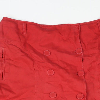 Linea Womens Red Linen A-Line Skirt Size 14 Button