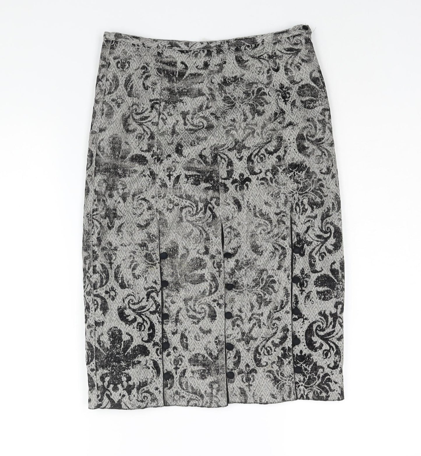 Per Una Womens Grey Geometric Polyester Straight & Pencil Skirt Size 8 Zip - Buttoned Pleat Detail