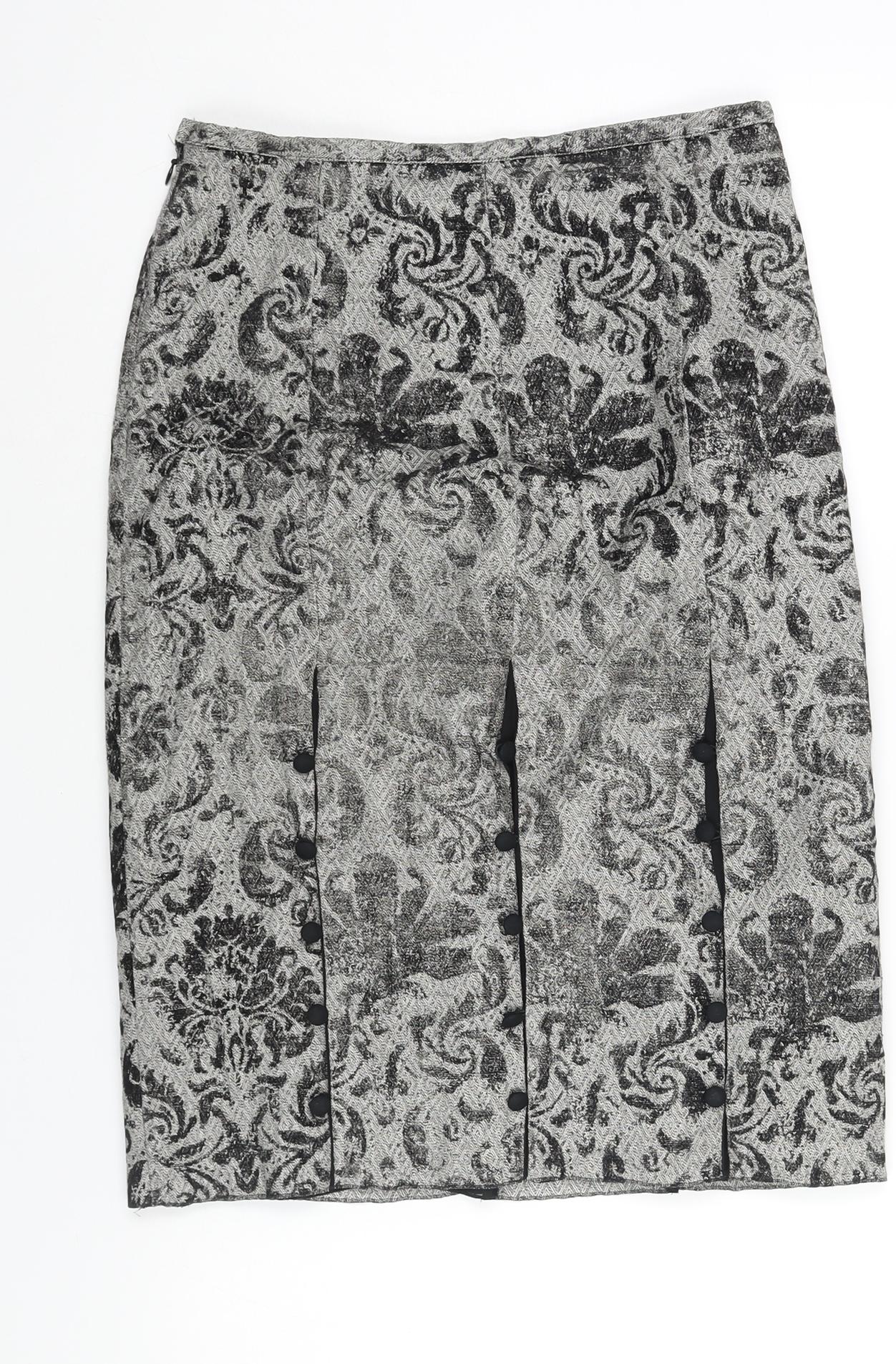 Per Una Womens Grey Geometric Polyester Straight & Pencil Skirt Size 8 Zip - Buttoned Pleat Detail