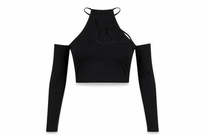 PRETTYLITTLETHING Womens Black Polyester Cropped Blouse Size 4 Round Neck - Cut Out Cold Shoulder