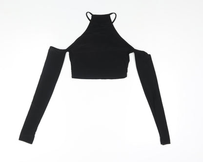 PRETTYLITTLETHING Womens Black Polyester Cropped Blouse Size 4 Round Neck - Cut Out Cold Shoulder