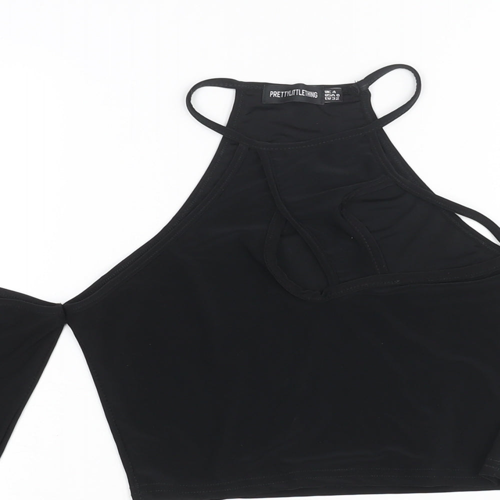 PRETTYLITTLETHING Womens Black Polyester Cropped Blouse Size 4 Round Neck - Cut Out Cold Shoulder