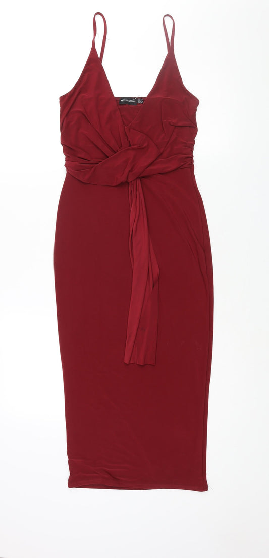 PRETTYLITTLETHING Womens Red Polyester Pencil Dress Size 8 V-Neck Pullover