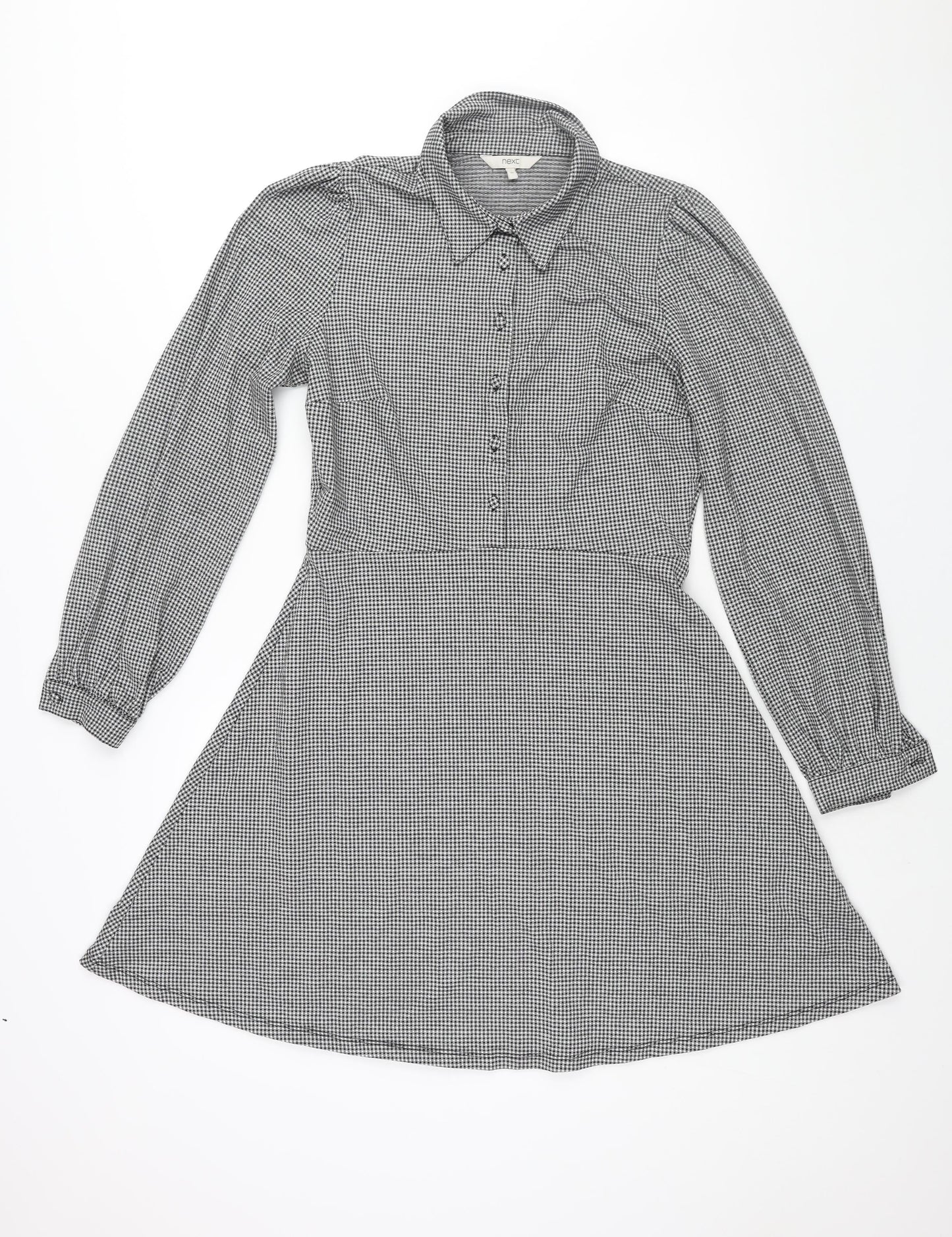 NEXT Womens Black Check Polyester A-Line Size 12 Collared Button