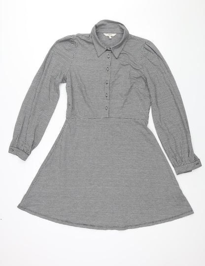 NEXT Womens Black Check Polyester A-Line Size 12 Collared Button