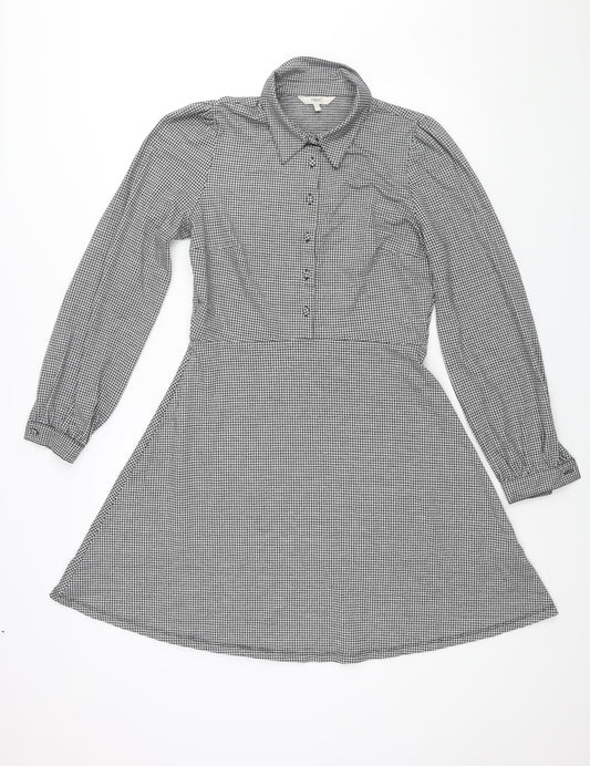 NEXT Womens Black Check Polyester A-Line Size 12 Collared Button