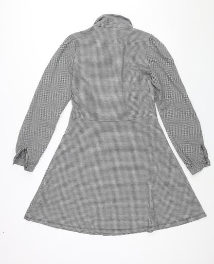 NEXT Womens Black Check Polyester A-Line Size 12 Collared Button