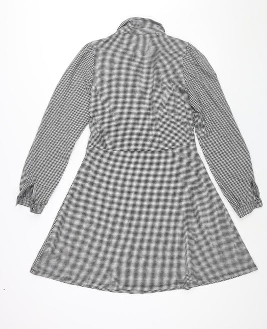 NEXT Womens Black Check Polyester A-Line Size 12 Collared Button