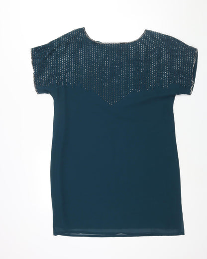 Wallis Womens Blue Polyester Shift Size M Boat Neck Pullover - Beading Detail