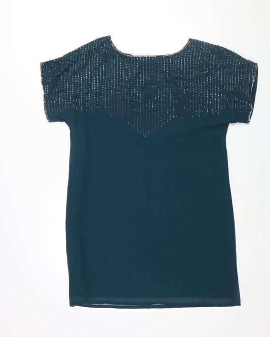 Wallis Womens Blue Polyester Shift Size M Boat Neck Pullover - Beading Detail