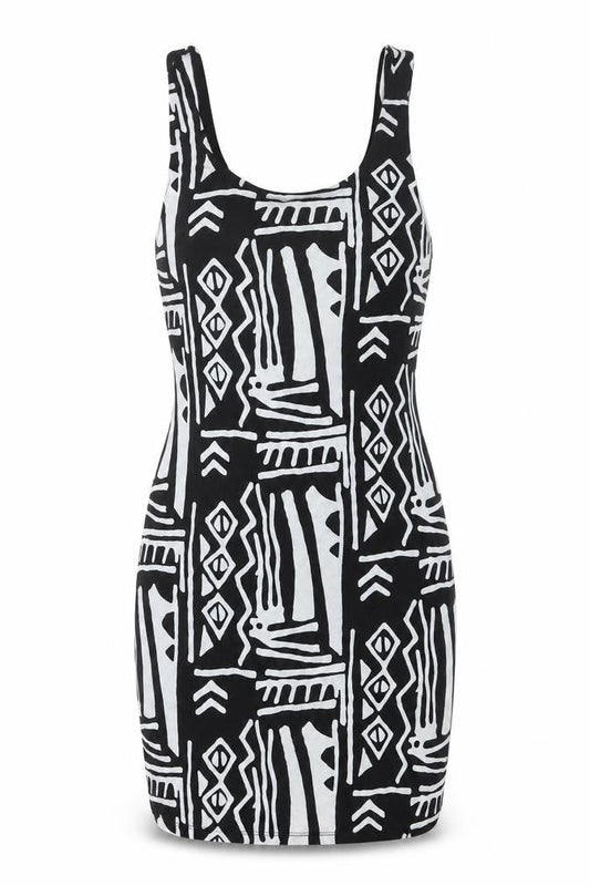 Front view of Silence + Noise women’s black geometric polyester mini, size S, scoop neck pullover