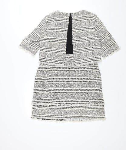 Zara Womens White Geometric Polyester Shift Size M Round Neck Zip - Raw Edge