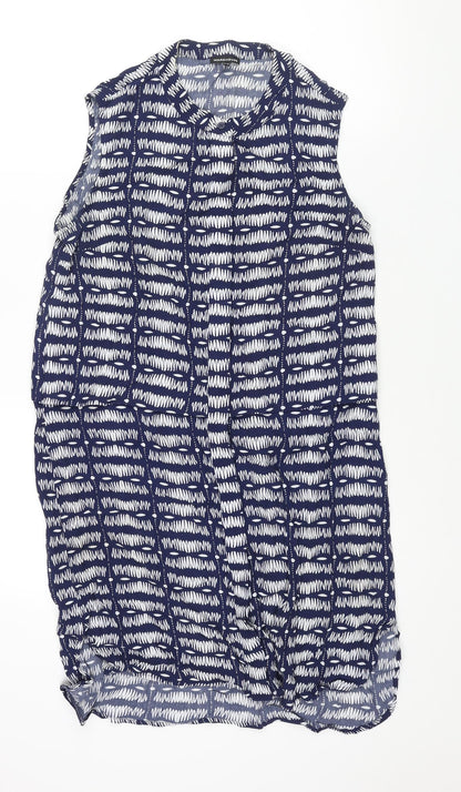 Warehouse Womens Blue Geometric Viscose Shift Size 14 Round Neck Button