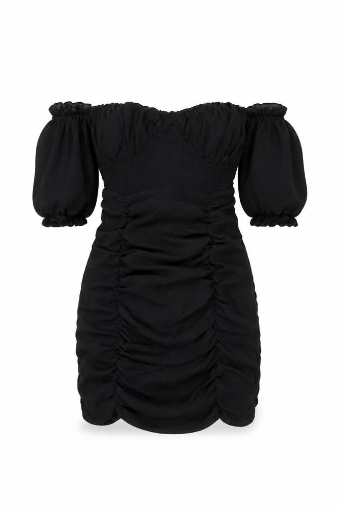 In the Style Womens Black Polyester Mini Size 4 Off the Shoulder Zip - Rouched