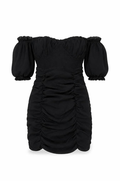 In the Style Womens Black Polyester Mini Size 4 Off the Shoulder Zip - Rouched