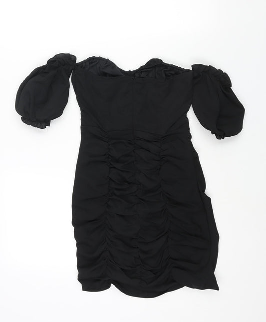 In the Style Womens Black Polyester Mini Size 4 Off the Shoulder Zip - Rouched