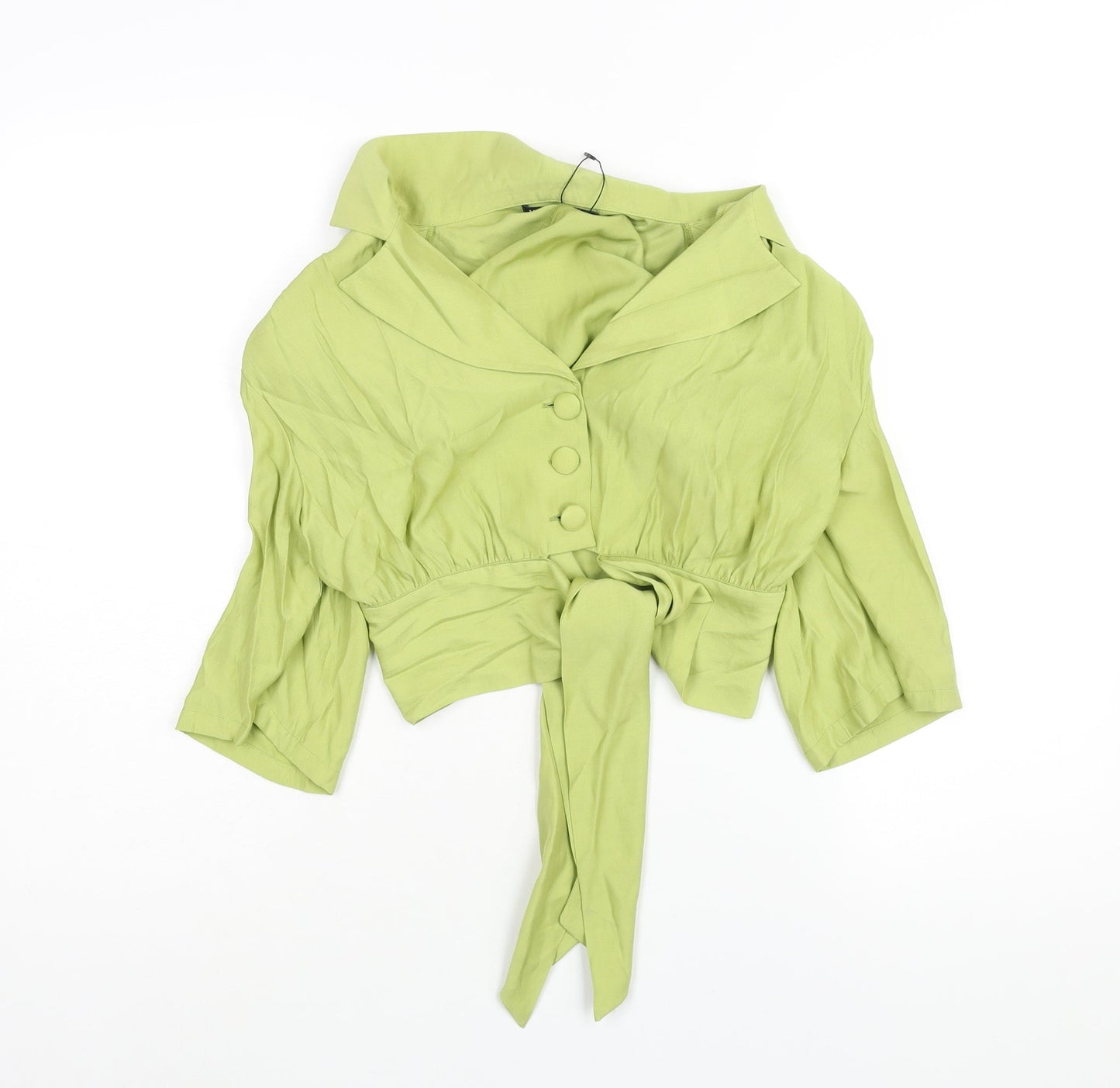 Nasty Gal Womens Green Polyester Basic Blouse Size 10 V-Neck - Shoulder Pads Tie Detail