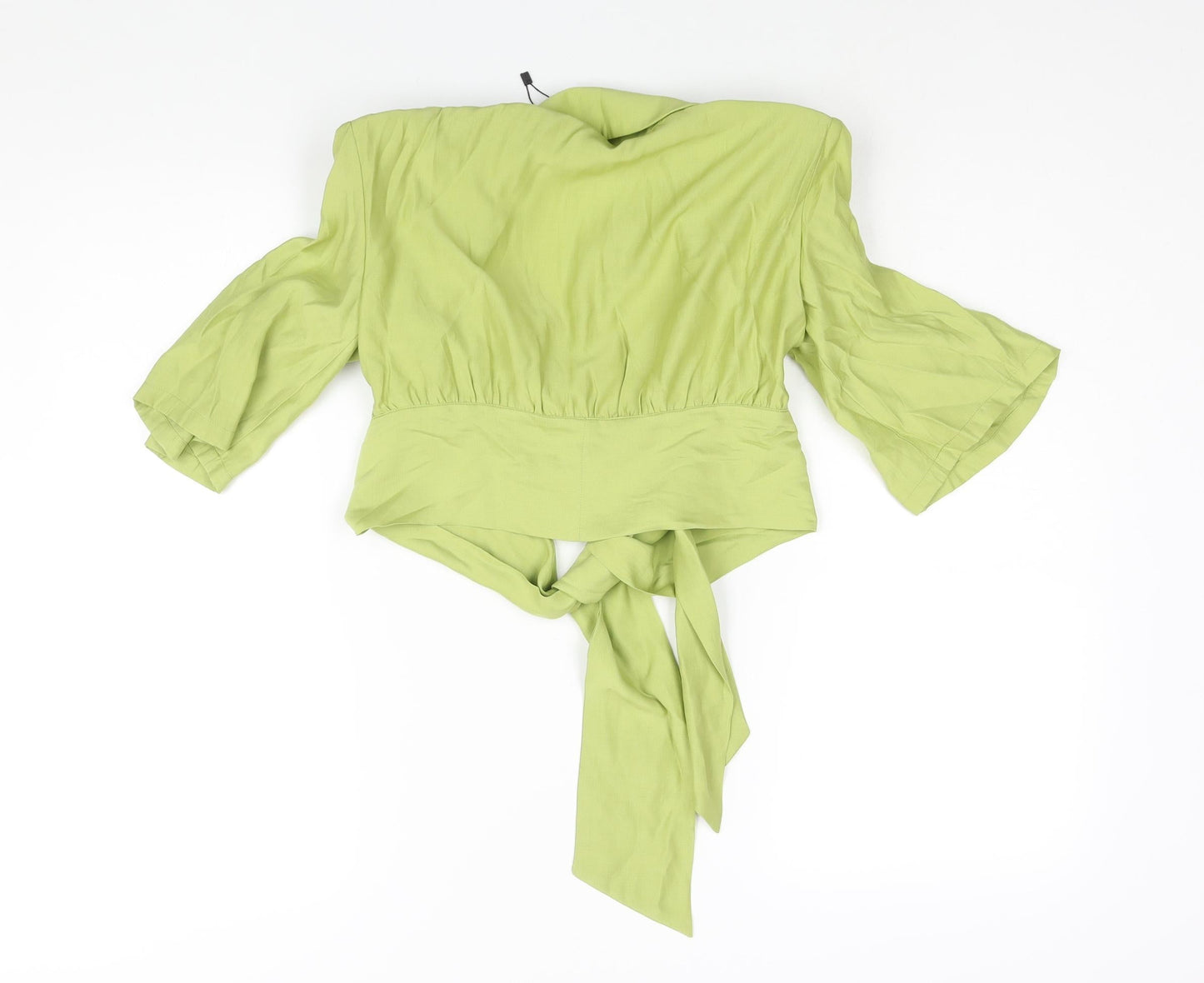 Nasty Gal Womens Green Polyester Basic Blouse Size 10 V-Neck - Shoulder Pads Tie Detail
