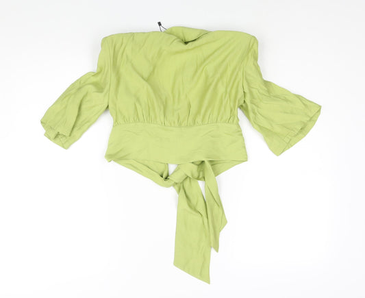 Nasty Gal Womens Green Polyester Basic Blouse Size 10 V-Neck - Shoulder Pads Tie Detail