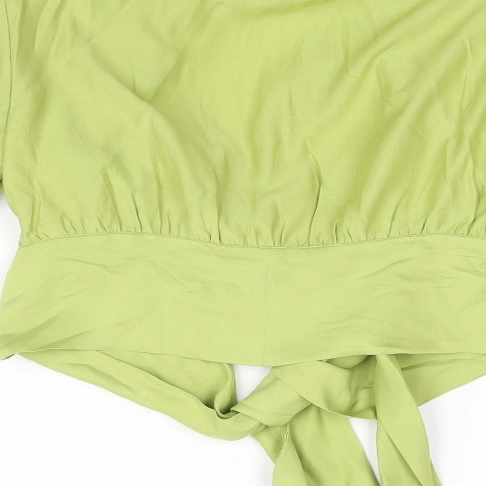 Nasty Gal Womens Green Polyester Basic Blouse Size 10 V-Neck - Shoulder Pads Tie Detail