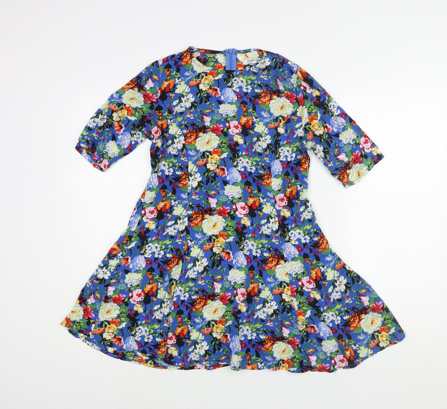 Glamorous Womens Blue Floral Viscose A-Line Size XS Round Neck Zip