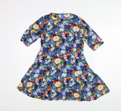 Glamorous Womens Blue Floral Viscose A-Line Size XS Round Neck Zip