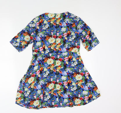 Glamorous Womens Blue Floral Viscose A-Line Size XS Round Neck Zip