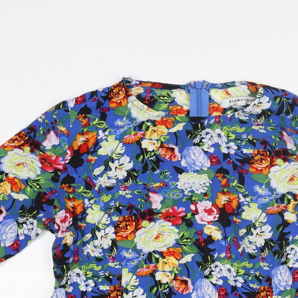 Glamorous Womens Blue Floral Viscose A-Line Size XS Round Neck Zip