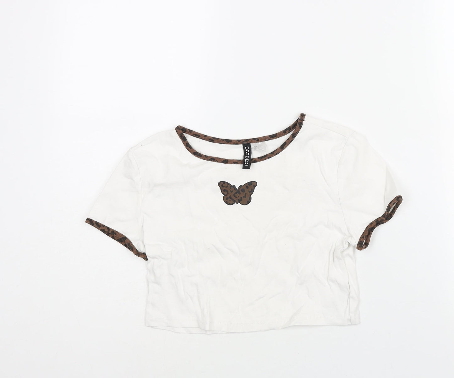 Divided by H&M Womens White Cotton Cropped T-Shirt Size M Round Neck - Butterfly Print