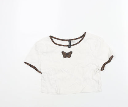 Divided by H&M Womens White Cotton Cropped T-Shirt Size M Round Neck - Butterfly Print