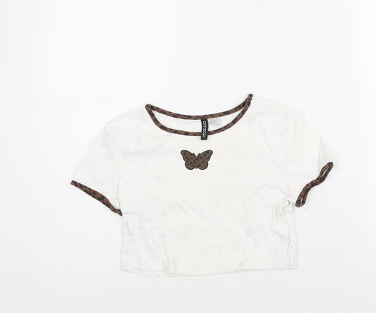 Divided by H&M Womens White Cotton Cropped T-Shirt Size M Round Neck - Butterfly Print