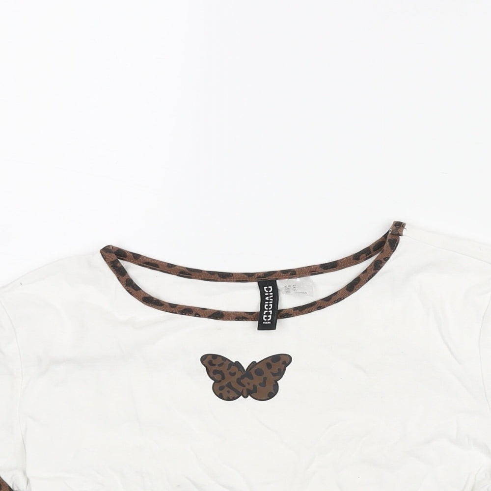 Divided by H&M Womens White Cotton Cropped T-Shirt Size M Round Neck - Butterfly Print