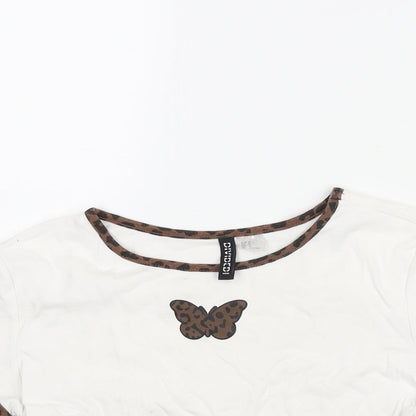 Divided by H&M Womens White Cotton Cropped T-Shirt Size M Round Neck - Butterfly Print
