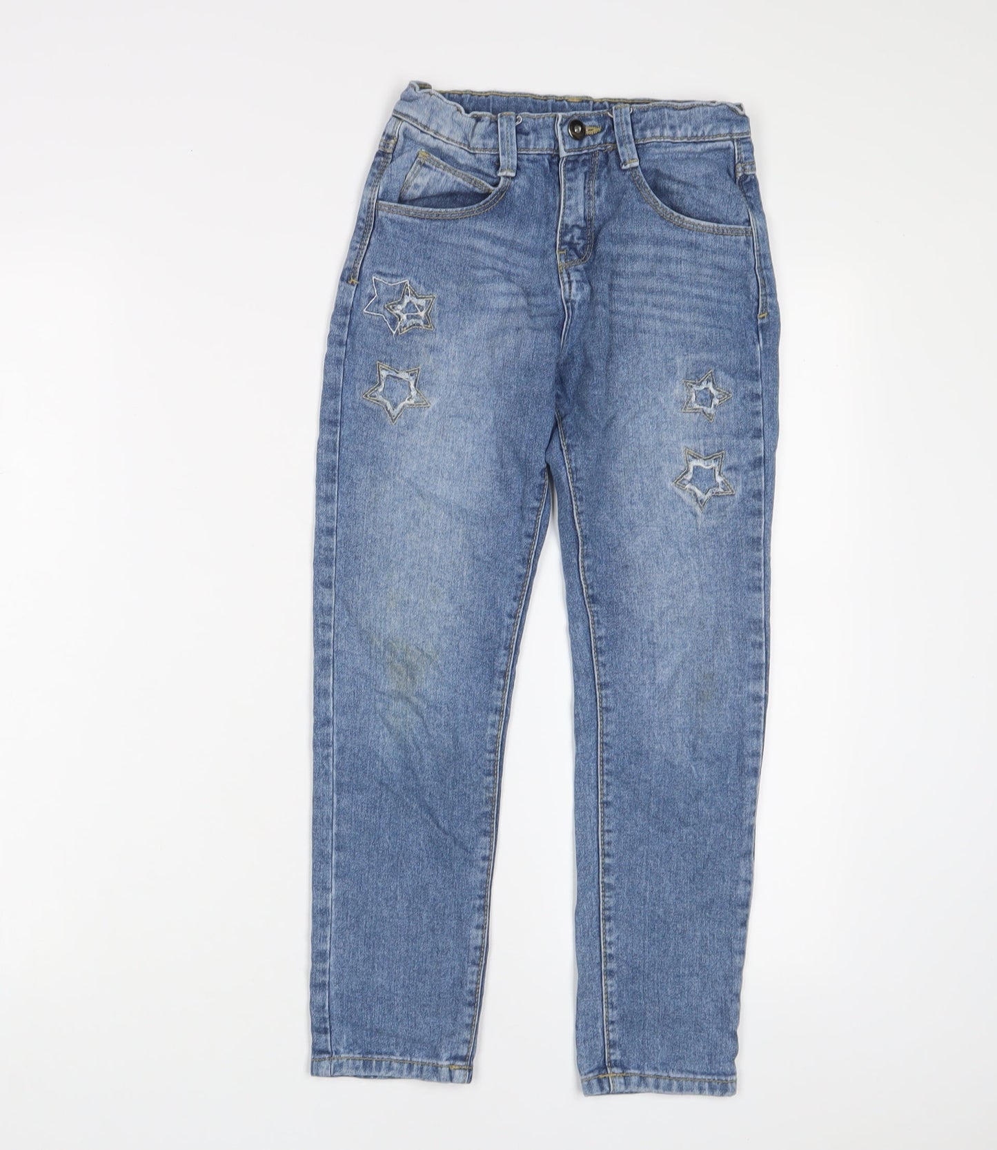 John Lewis Girls Blue Cotton Straight Jeans Size 8 Years Regular Zip - Embroidered, Stars