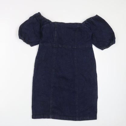 Miss Selfridge Womens Blue Cotton A-Line Size 8 Off the Shoulder Zip