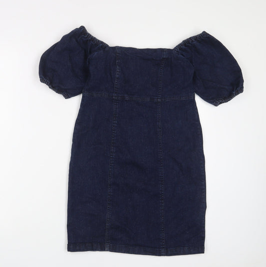 Miss Selfridge Womens Blue Cotton A-Line Size 8 Off the Shoulder Zip