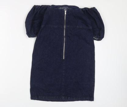 Miss Selfridge Womens Blue Cotton A-Line Size 8 Off the Shoulder Zip