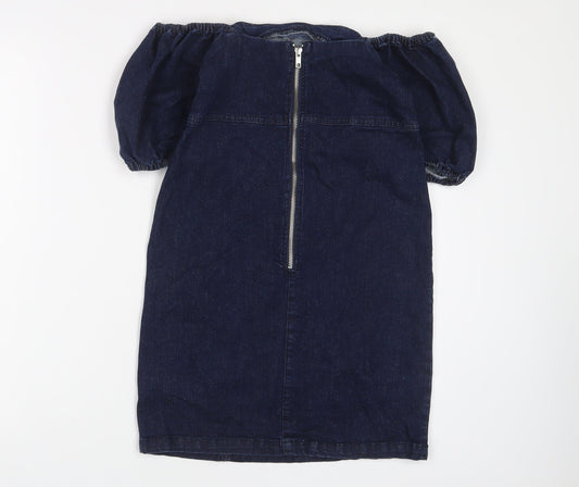 Miss Selfridge Womens Blue Cotton A-Line Size 8 Off the Shoulder Zip