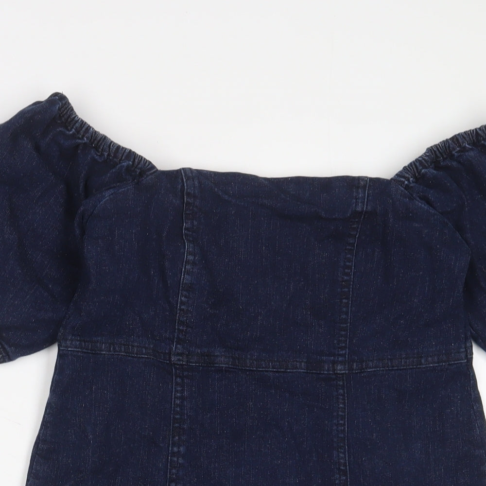 Miss Selfridge Womens Blue Cotton A-Line Size 8 Off the Shoulder Zip