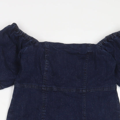 Miss Selfridge Womens Blue Cotton A-Line Size 8 Off the Shoulder Zip