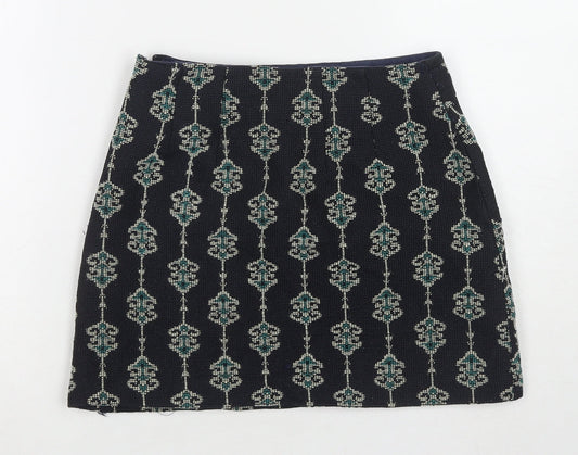 Zara Womens Blue Geometric Polyester Mini Skirt Size S Zip - Embraided