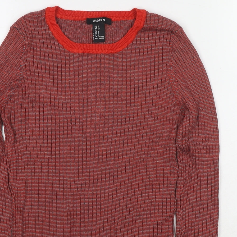 FOREVER 21 Womens Red Round Neck Striped Polyester Pullover Jumper Size S