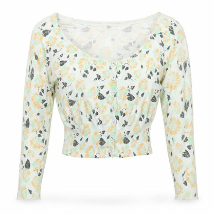 Front view of ICHI women’s green boat neck floral cotton cardigan jumper, size UK 8
