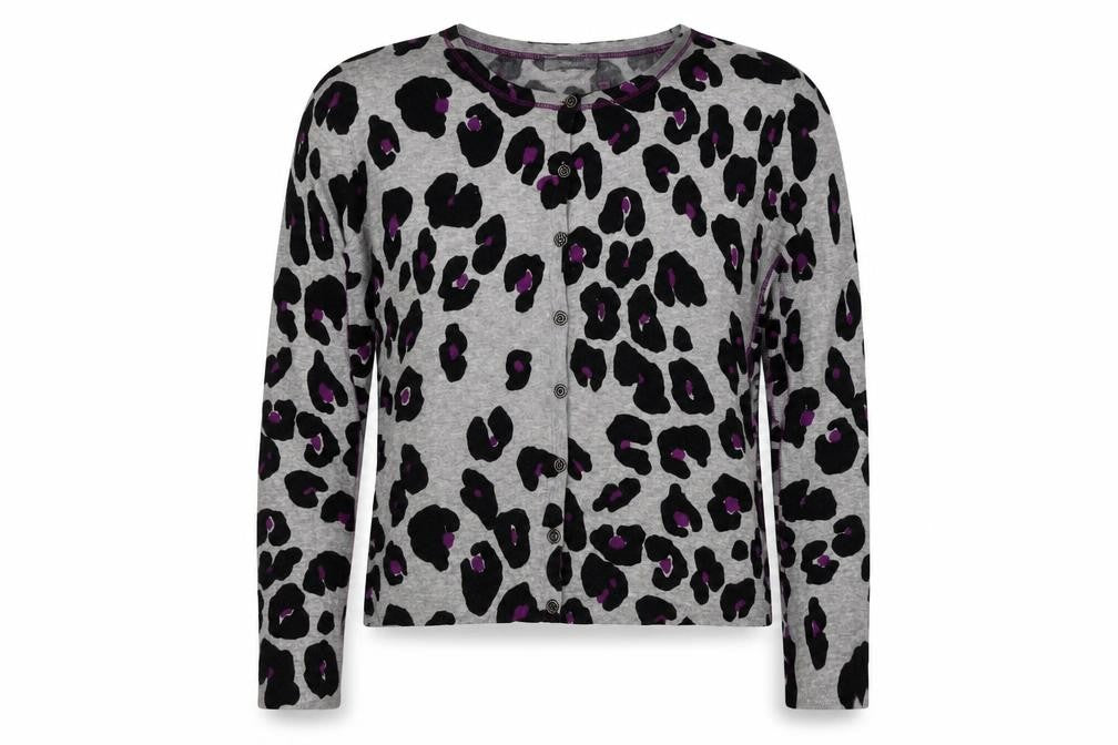 Front view of Oui women’s grey round neck animal print cotton cardigan jumper, size UK 16